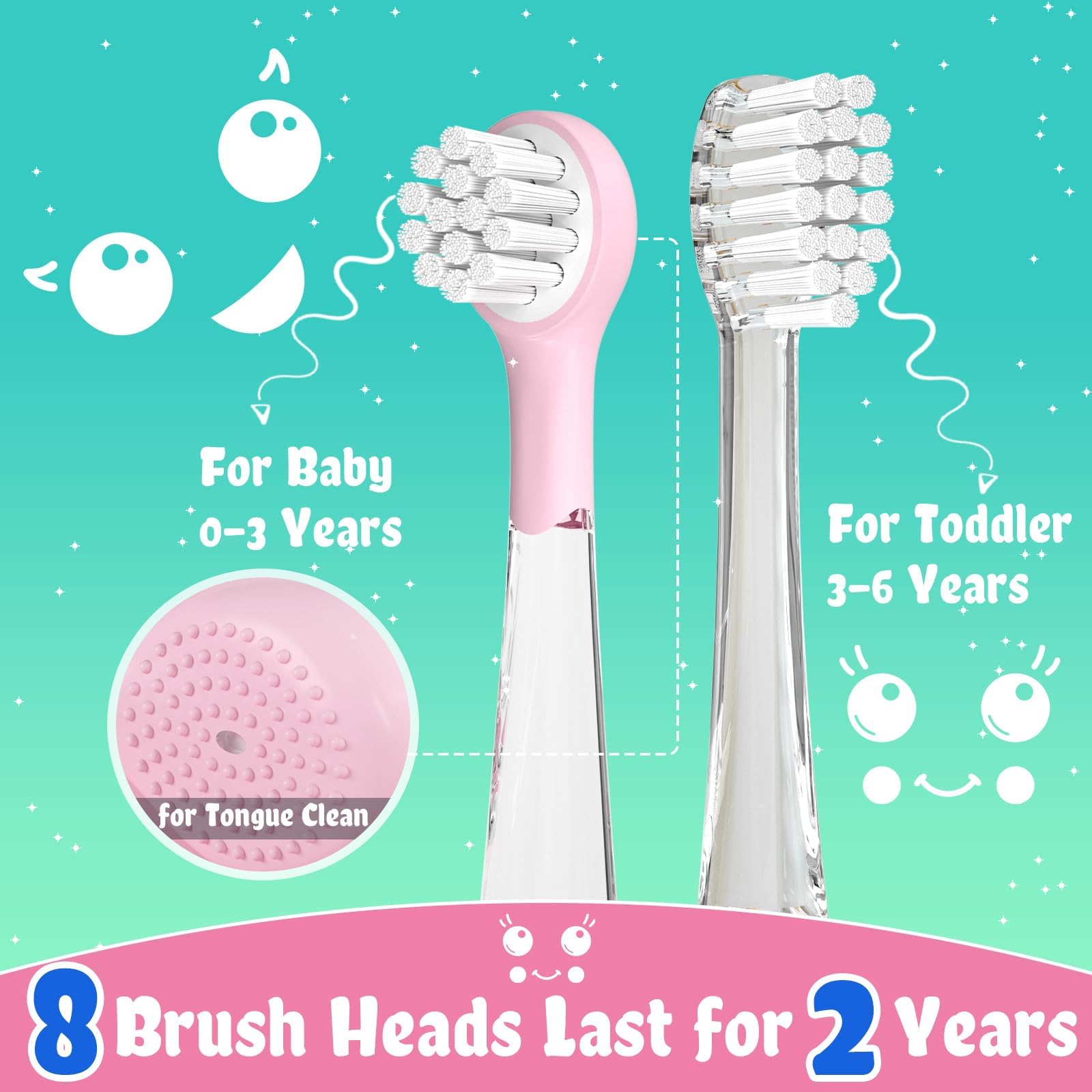 SEAGO pink kids toothbrush with 8 replacement heads