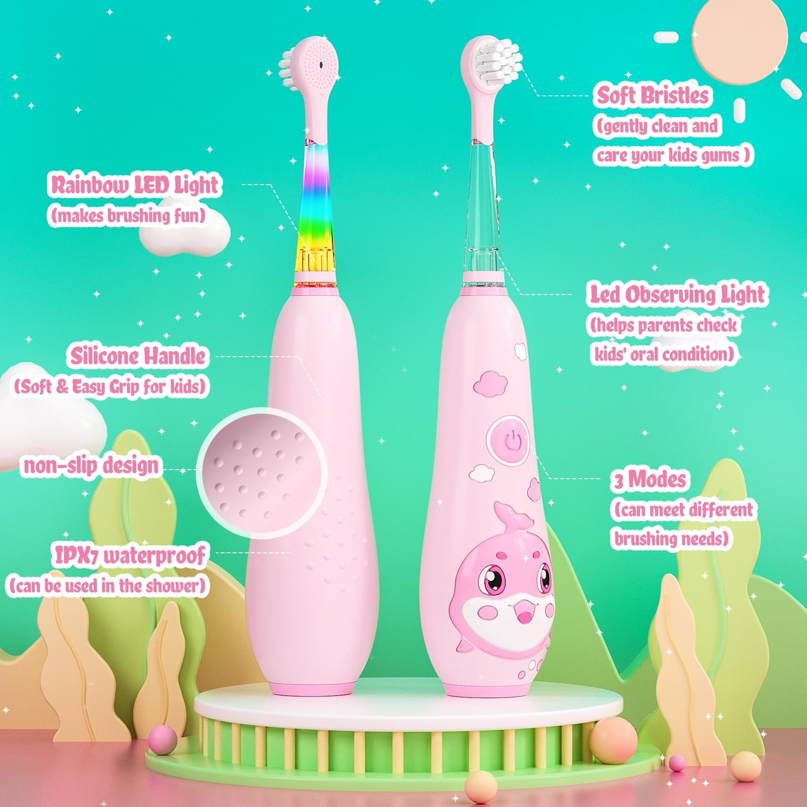 SEAGO pink kids toothbrush charging with magnetic charger