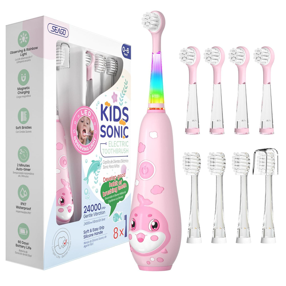 SEAGO pink kids electric toothbrush front view