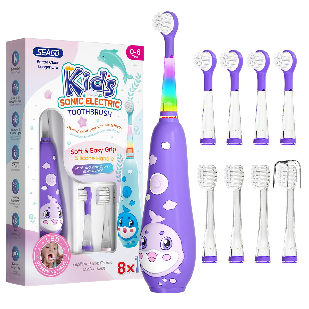 SEAGO kids electric toothbrush purple with non-slip handle