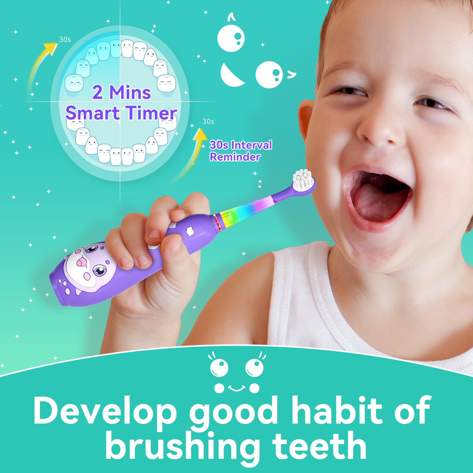 Small brush head for ages 0-3 with tongue cleaner and soft bristles