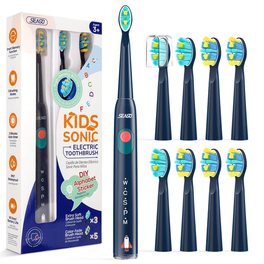 SEAGO SG2303 Navy kids electric toothbrush with 8 brush heads on display