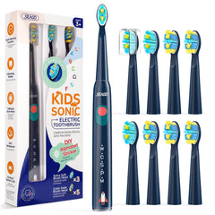 SEAGO SG2303 Navy kids electric toothbrush with 8 brush heads on display