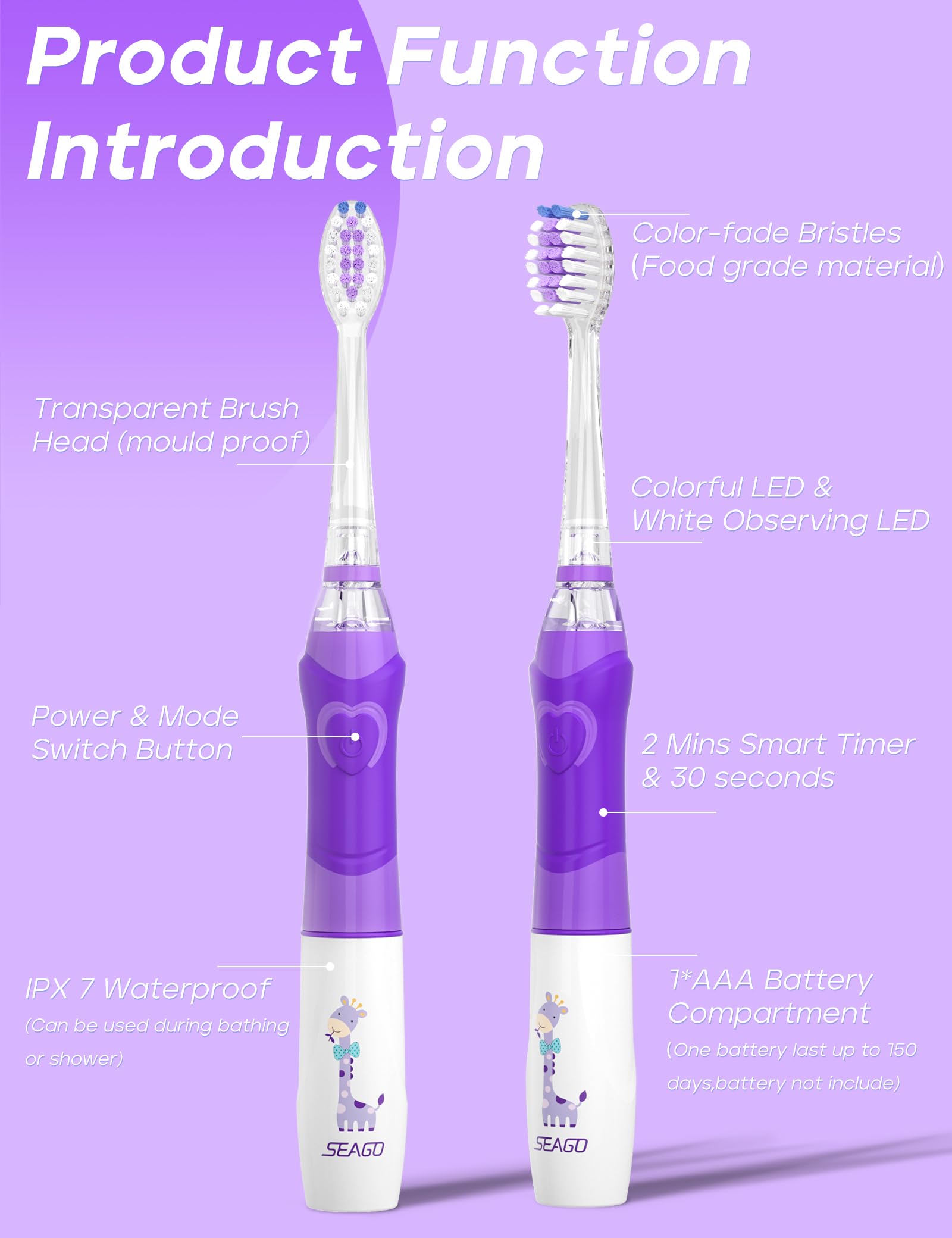 Two-minute timer feature on SEAGO SG-977 kids toothbrush