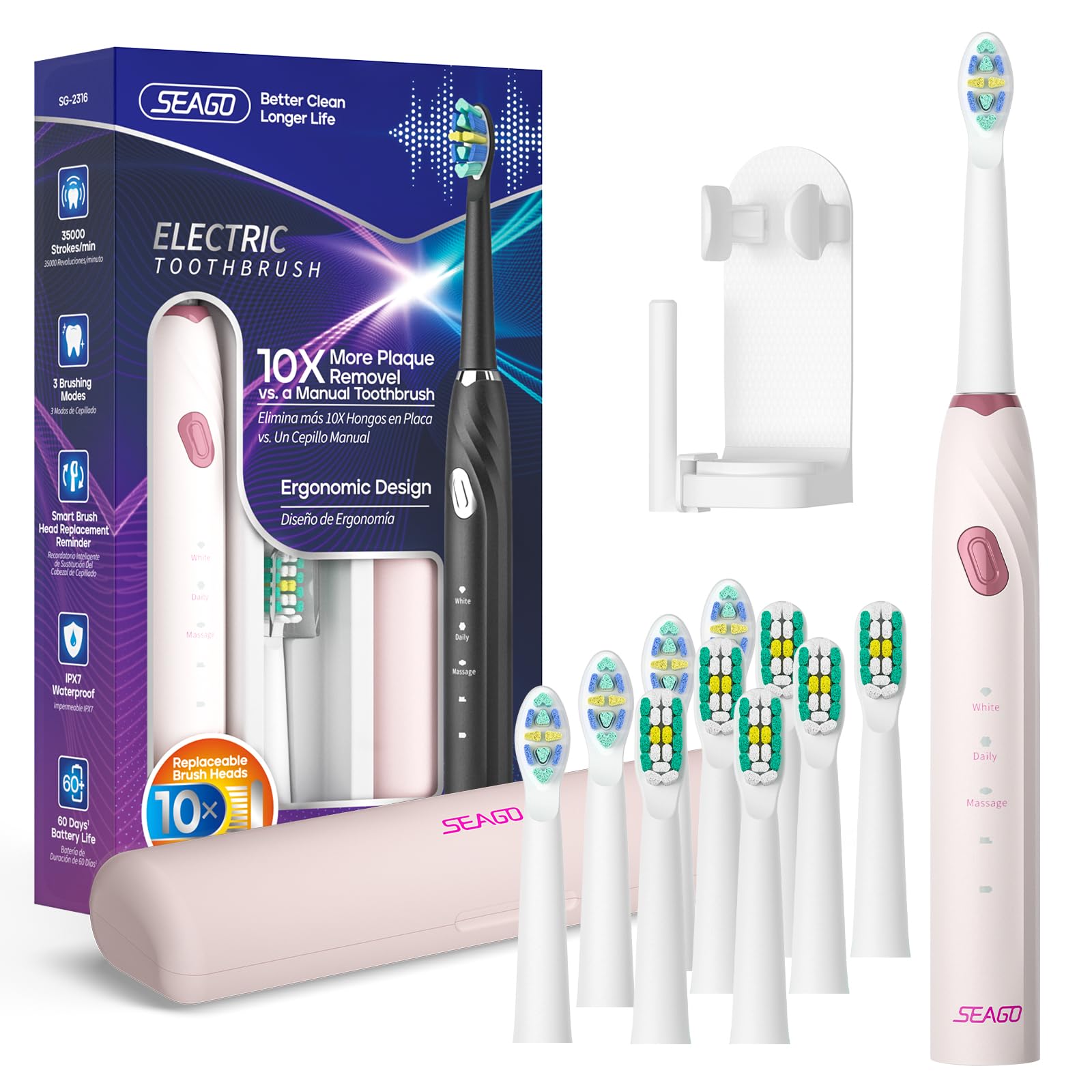 SEAGO SG-2316 pink electric toothbrush front view
