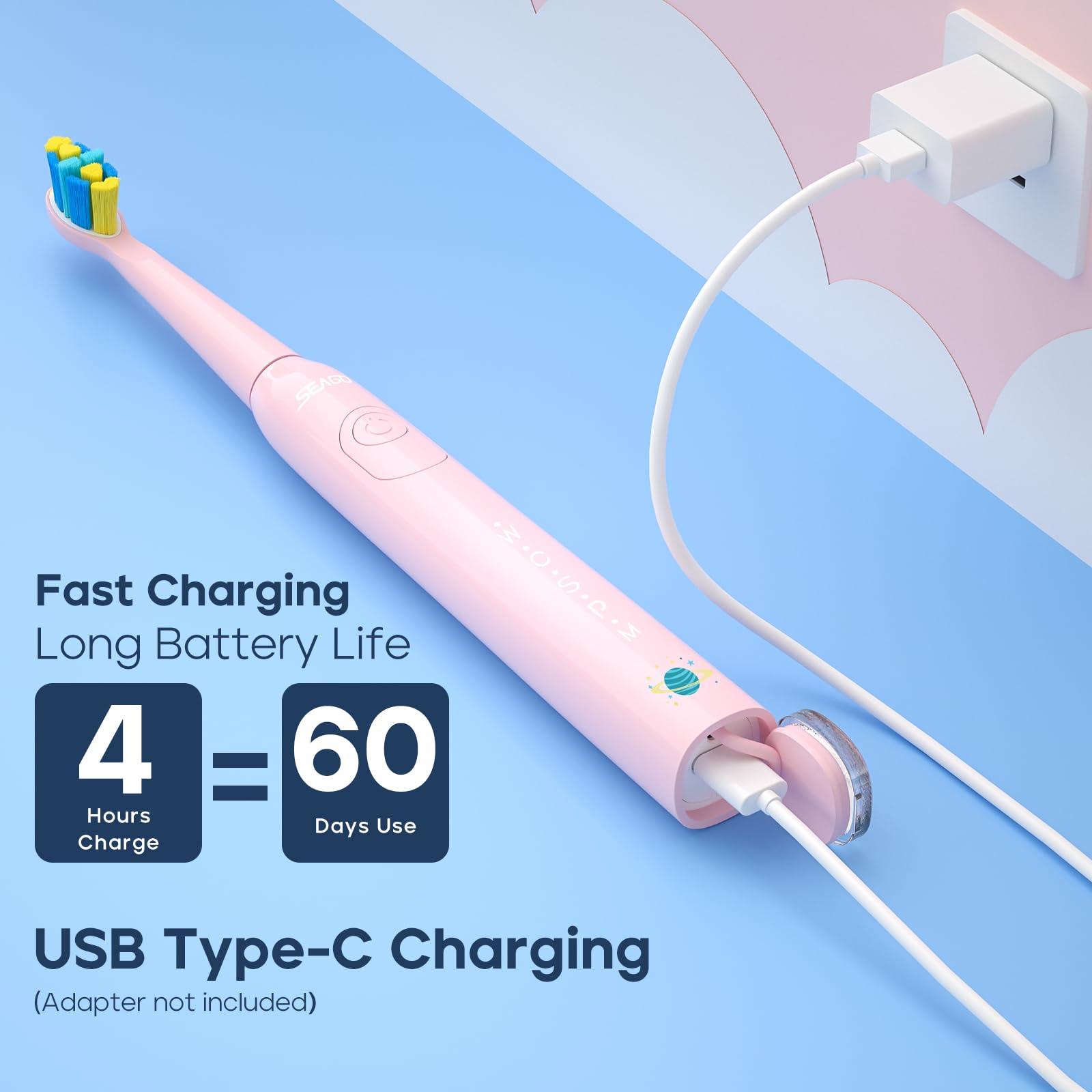 Rechargeable SEAGO SG2303 Pink Kids Toothbrush with charging base
