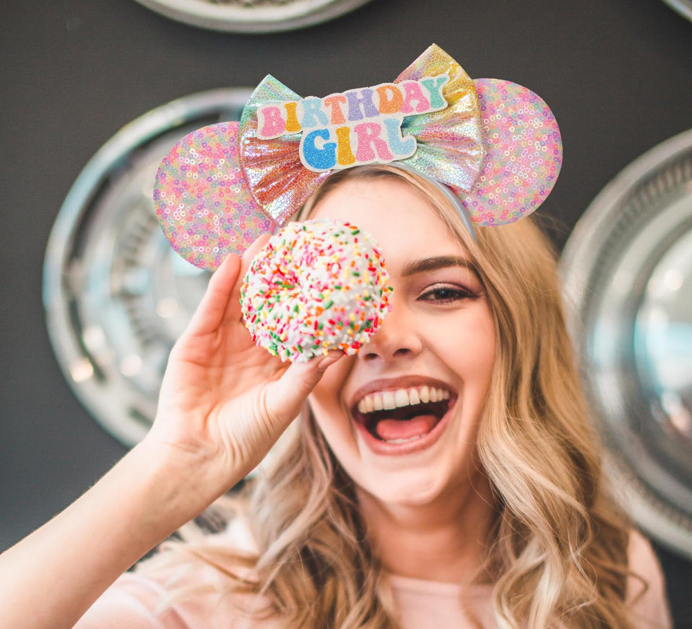 Seamoy rainbow Minnie ears headband for birthday celebrations.