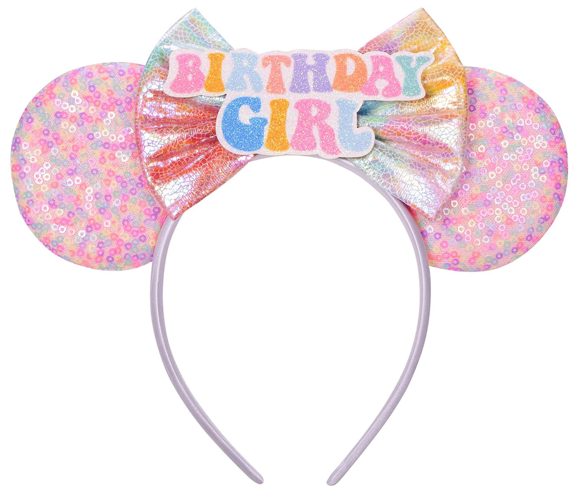 Seamoy Minnie ears headband in pink glitter for party photos.
