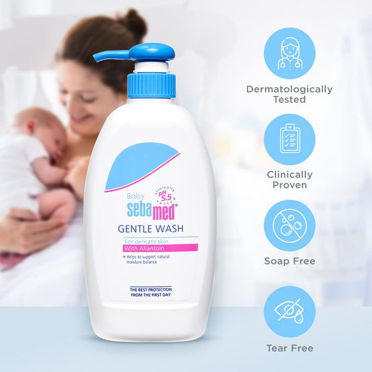 Close-up of Sebamed Baby Gentle Wash label showing pH 5.5
