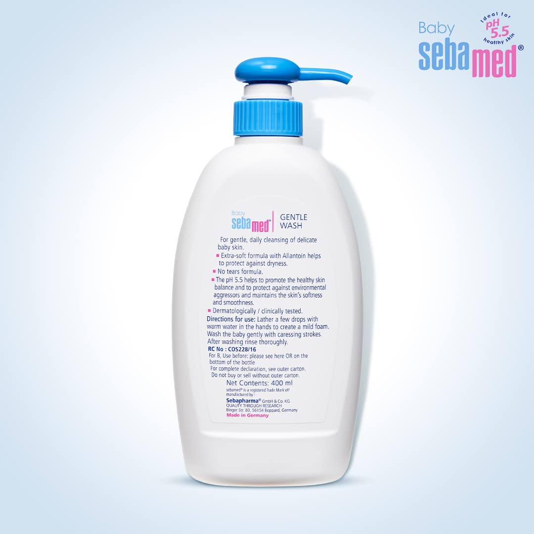 Sebamed Baby Gentle Wash packaging side view with 13.5 fl oz