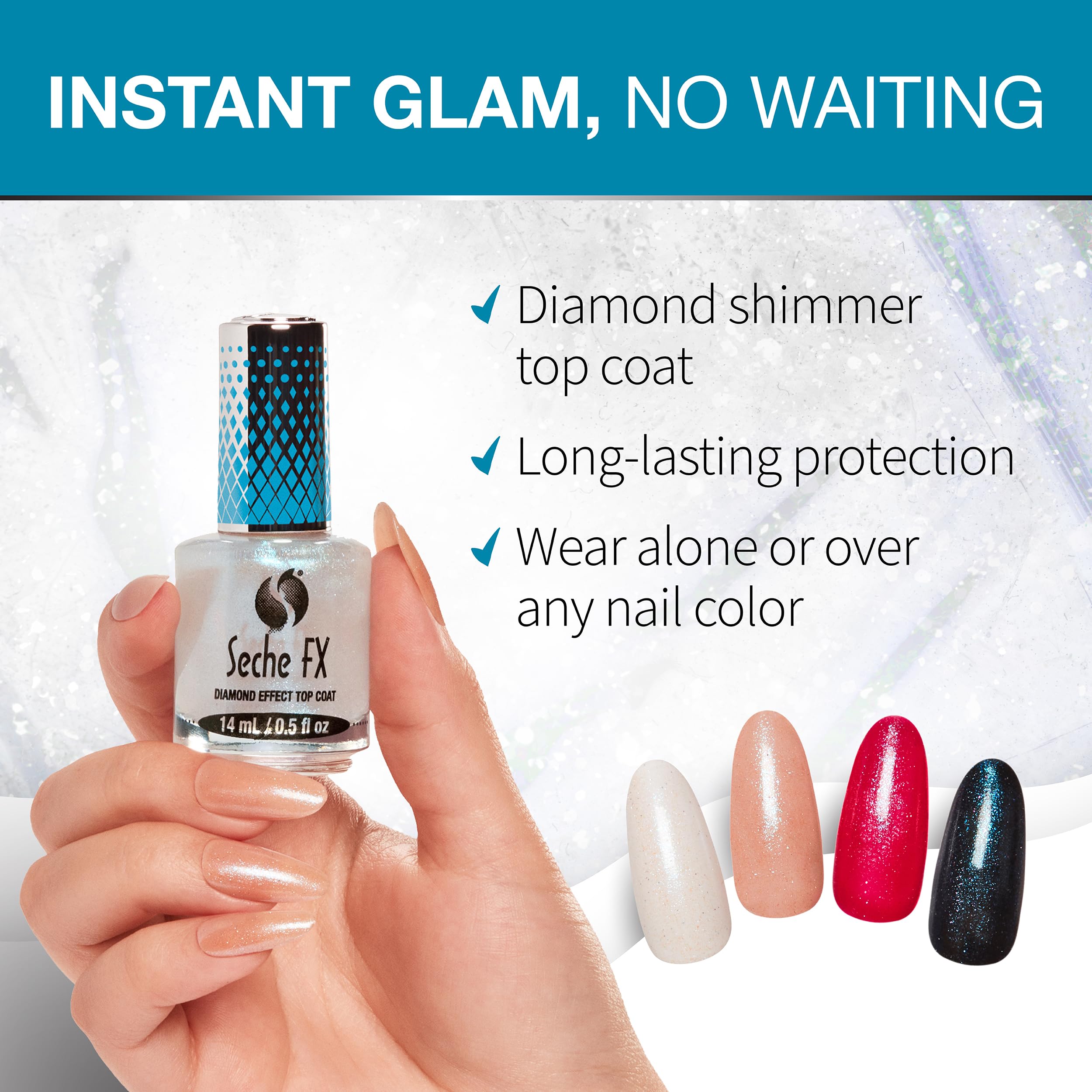Seche FX Diamond Top Coat blue light-dispersion captures dynamic sparkle