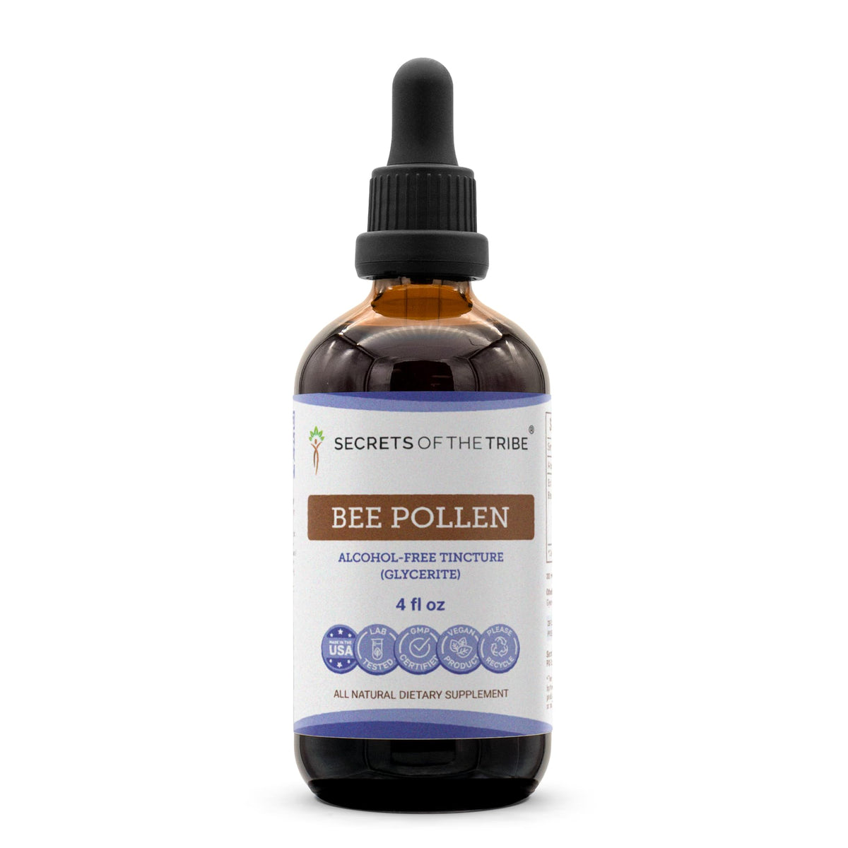 Bottle of Secrets of the Tribe Bee Pollen Tincture 4 oz