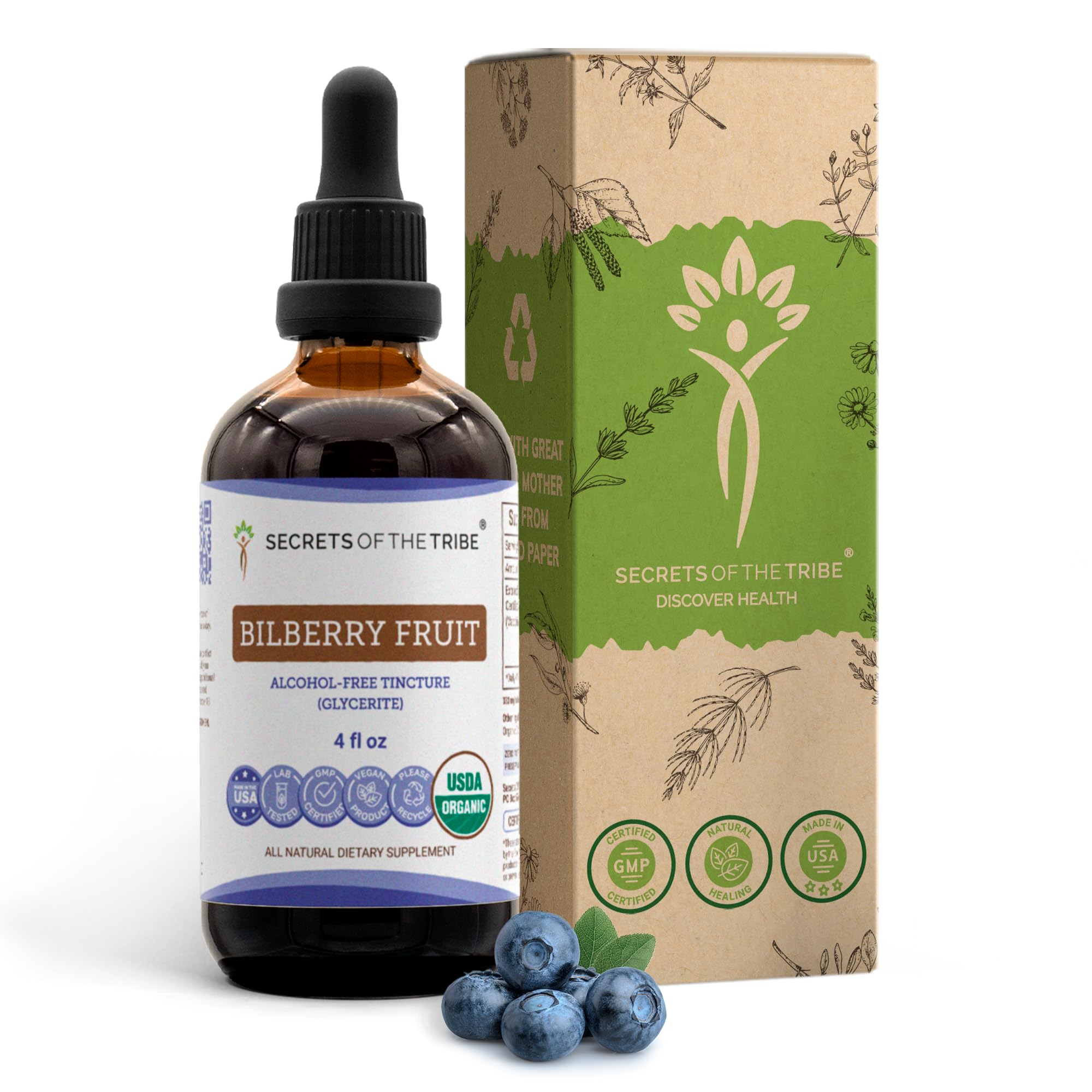 Bottle of Secrets of the Tribe Bilberry Fruit Alcohol-Free Liquid Extract, 4 FL OZ