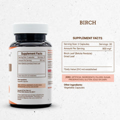 Close-up of Birch leaf capsules showing 800 mg per capsule