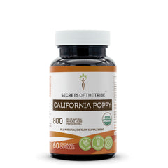 Bottle of Secrets of the Tribe California Poppy 60 Vegetarian Capsules with USDA Organic seal