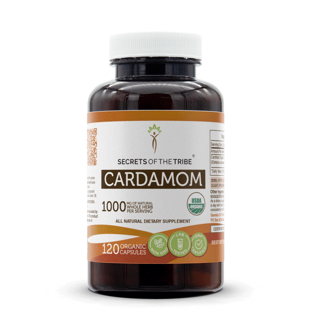 Front view of Secrets of the Tribe Cardamom USDA Organic Capsules bottle with label