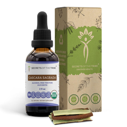 Front view of Secrets of the Tribe Cascara Sagrada USDA Organic alcohol-free extract bottle