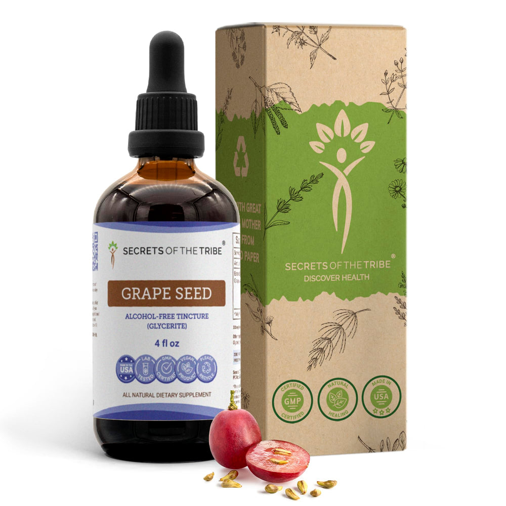 Bottle of Secrets of the Tribe Grape Seed Tincture (4 oz) with label