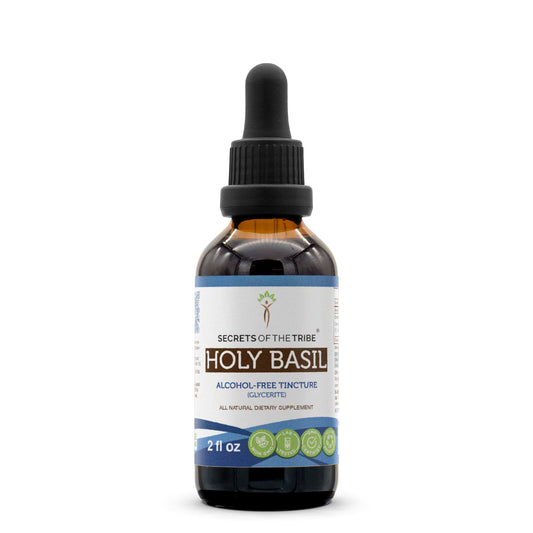 Front view of Secrets of the Tribe Holy Basil Tincture bottle with label