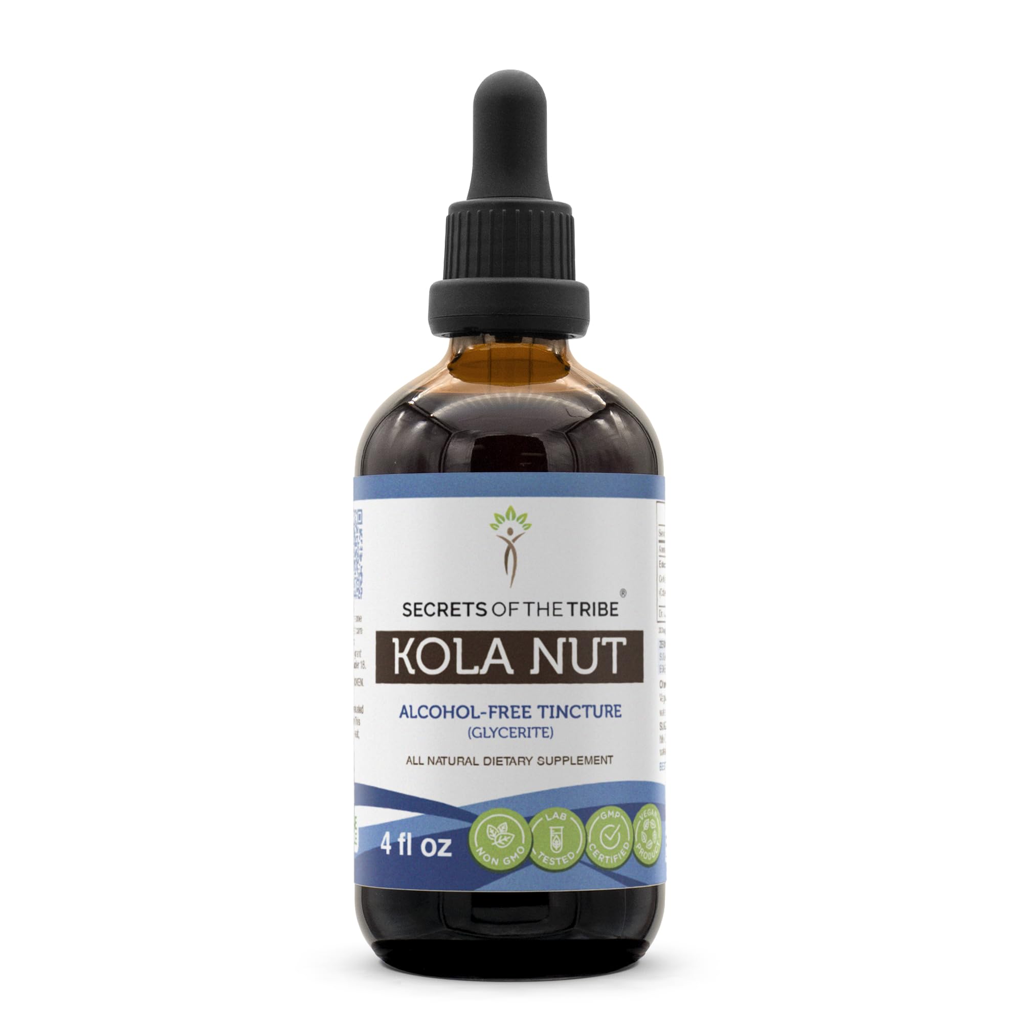 Bottle label for Secrets of the Tribe Kola Nut Tincture Alcohol-Free Extract (4 oz)