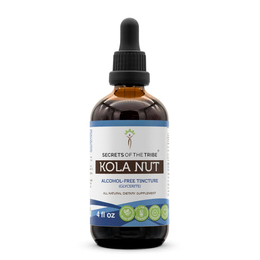 Bottle label for Secrets of the Tribe Kola Nut Tincture Alcohol-Free Extract (4 oz)