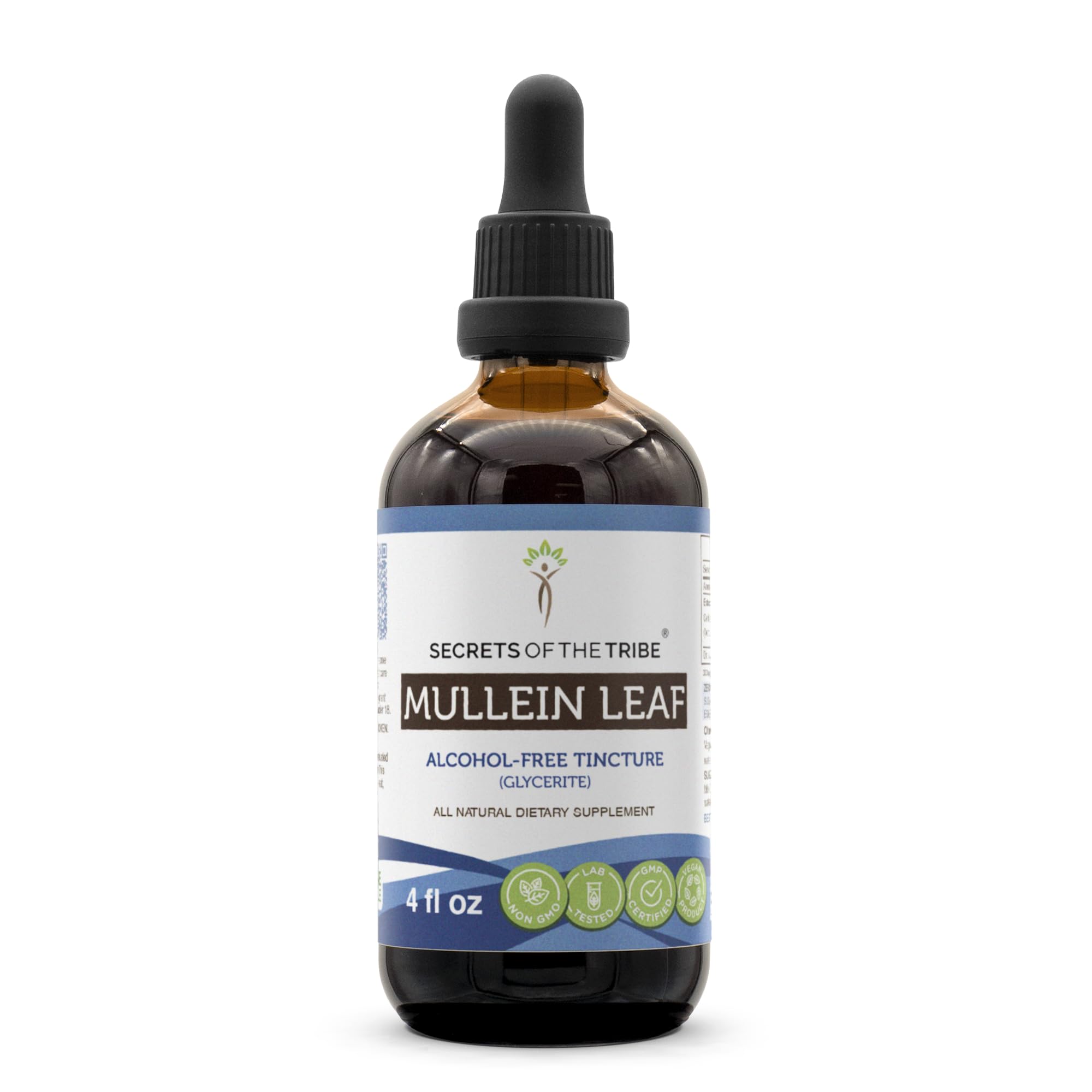 Front label of Secrets of the Tribe Mullein Leaf Tincture bottle, 4 fl oz