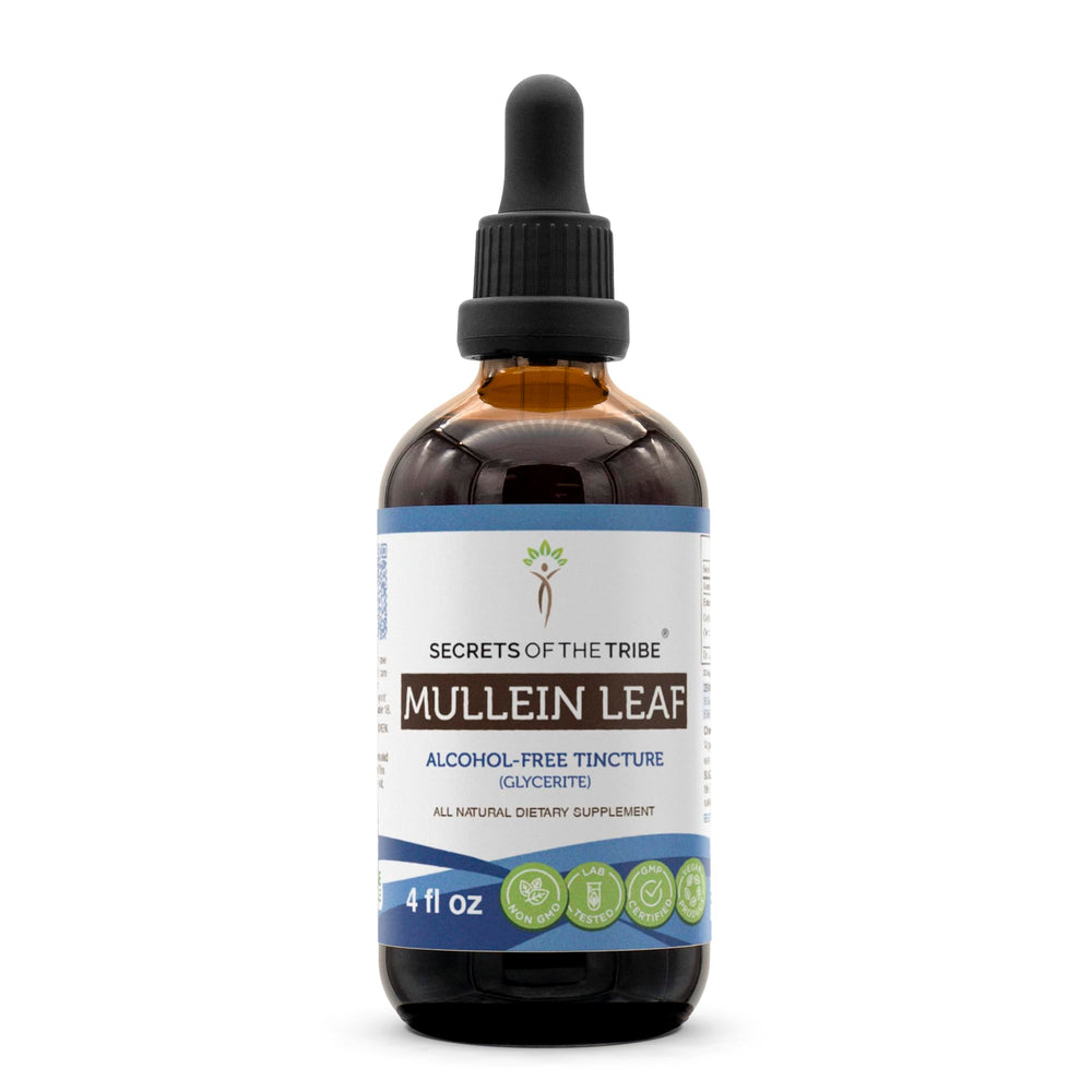 Front label of Secrets of the Tribe Mullein Leaf Tincture bottle, 4 fl oz