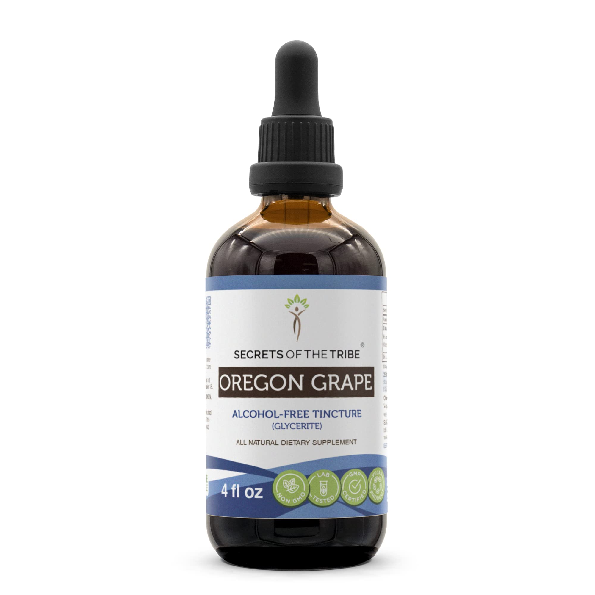 Bottle of Secrets of the Tribe Oregon Grape Alcohol-Free Liquid Extract with label