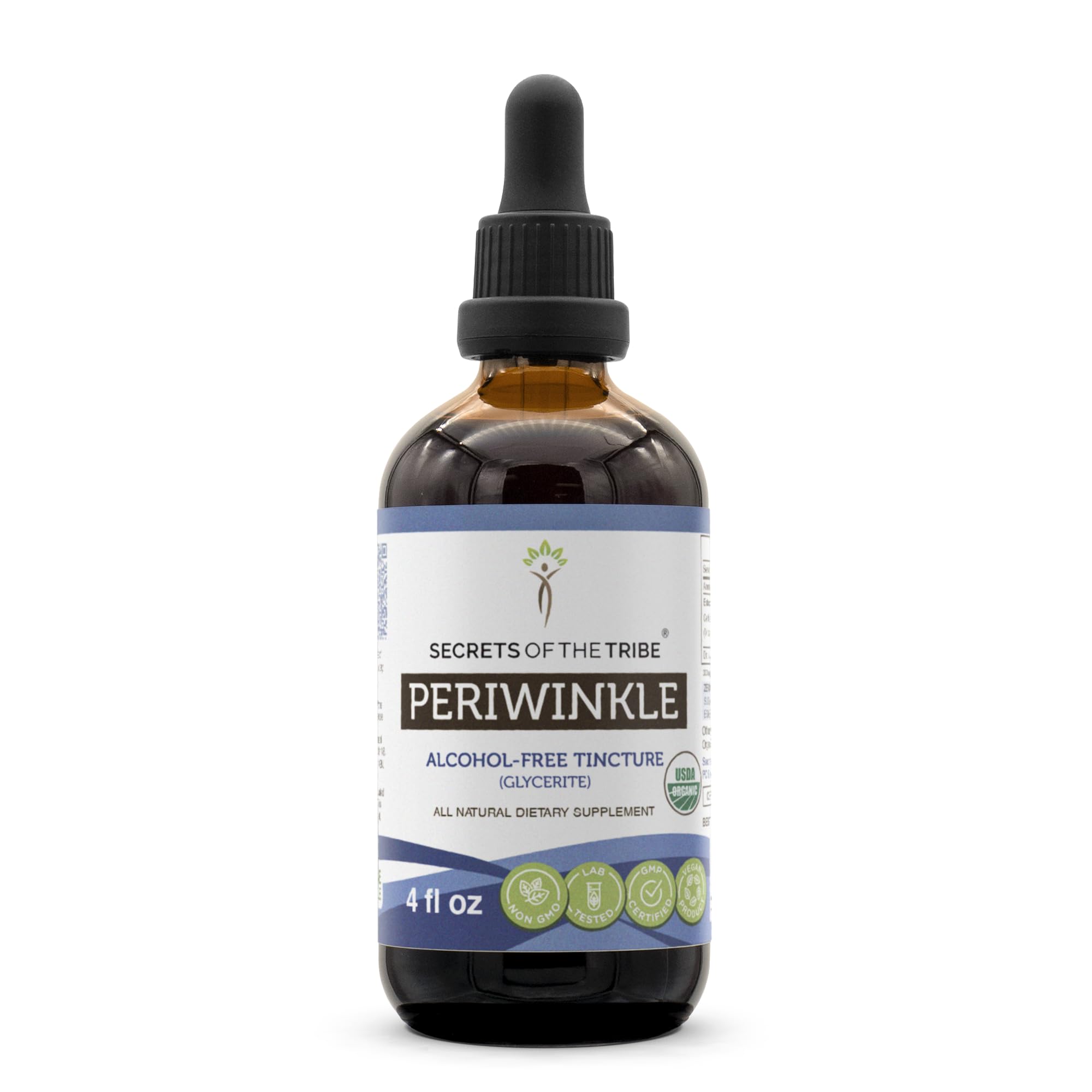 Bottle of Secrets of the Tribe Periwinkle USDA Organic alcohol-free extract