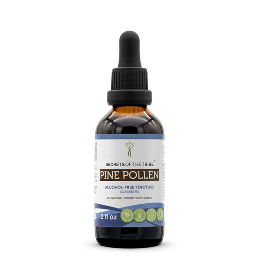 Pine pollen tincture bottle labeled Secrets of the Tribe