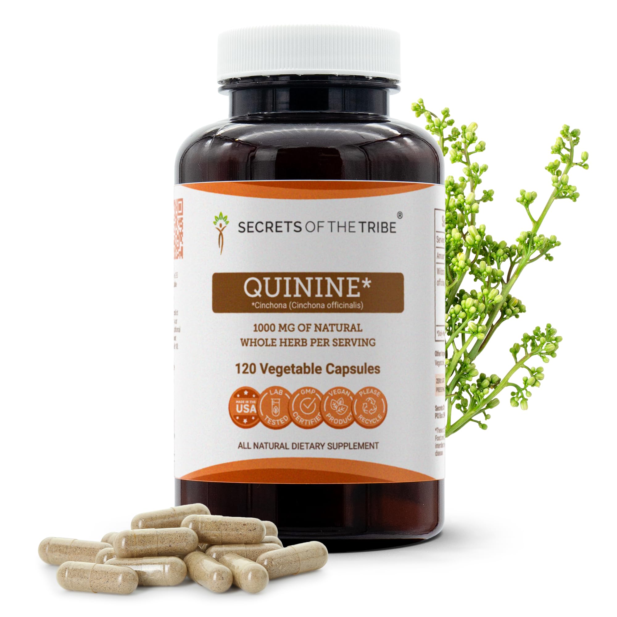 Front view of Secrets of the Tribe Quinine Capsules bottle