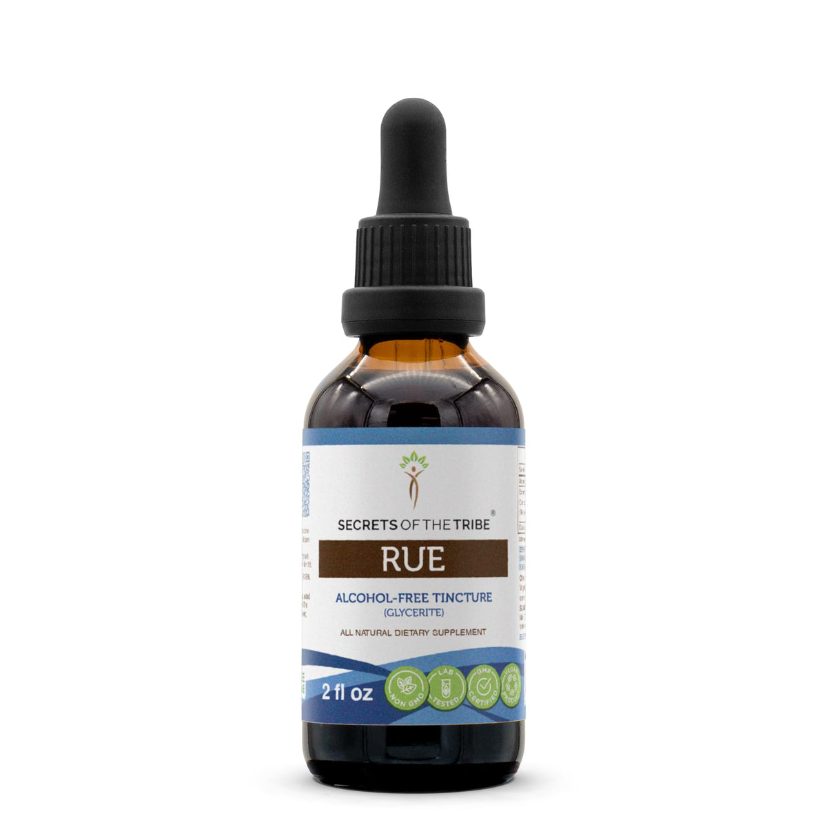 Bottle of Secrets of the Tribe Rue alcohol-free liquid extract with label