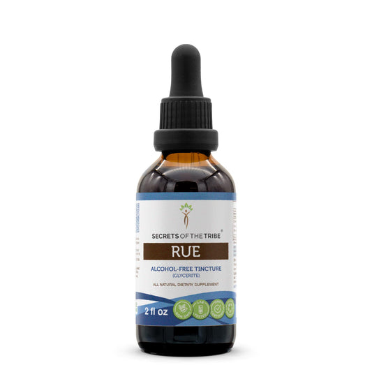 Bottle of Secrets of the Tribe Rue alcohol-free liquid extract with label