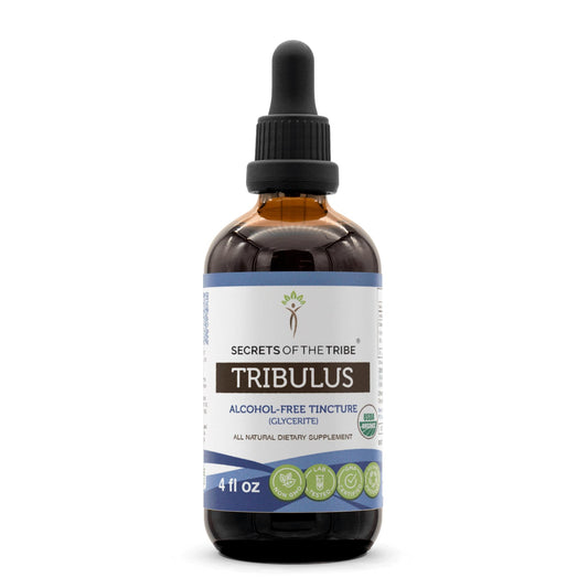 Front view of Secrets of the Tribe Tribulus USDA Organic alcohol-free extract bottle