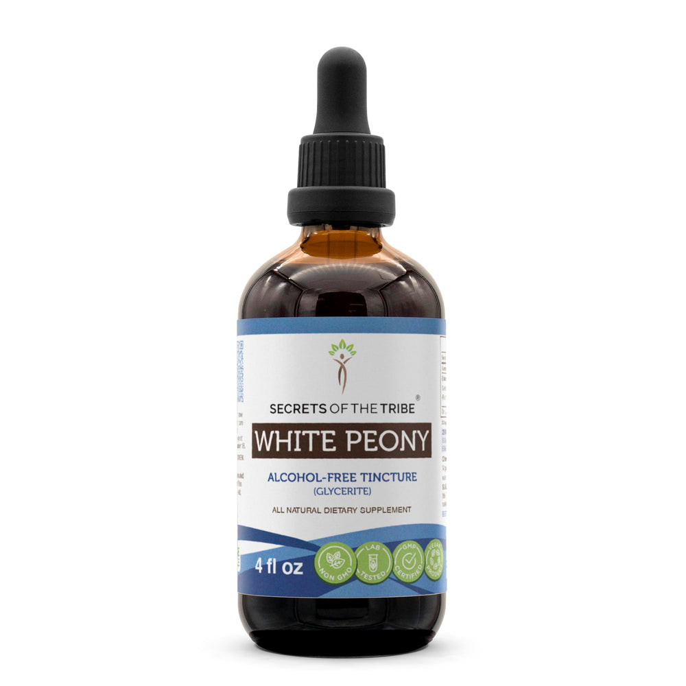 Product bottle with Secrets of the Tribe White Peony Tincture label