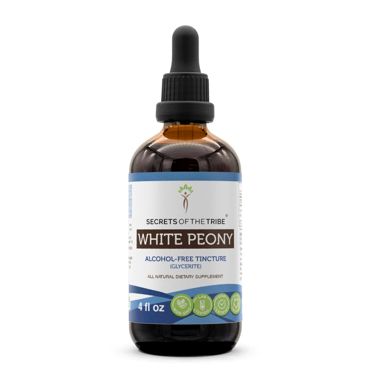 Product bottle with Secrets of the Tribe White Peony Tincture label