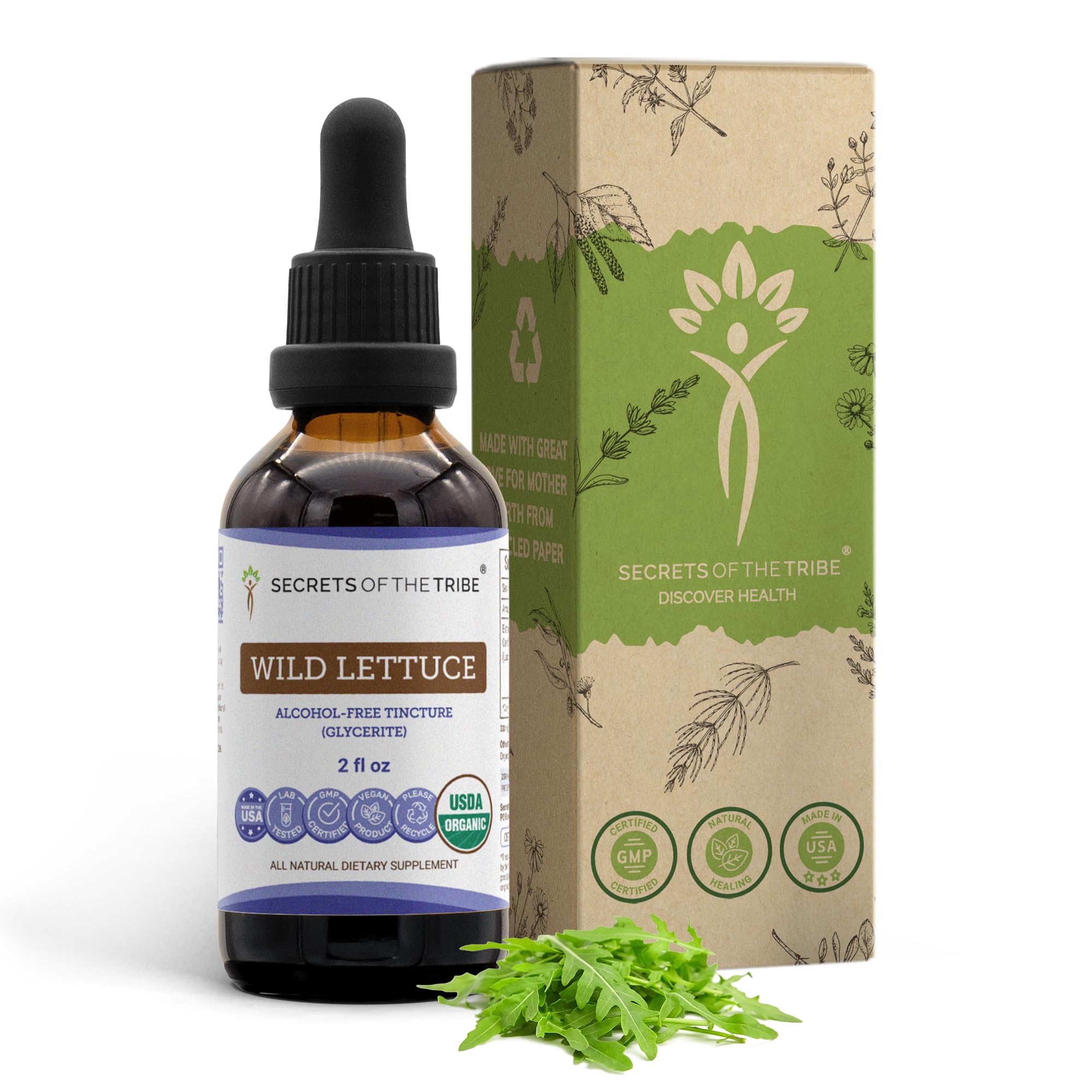 Front view of Secrets of the Tribe Wild Lettuce Tincture bottle, 2 oz