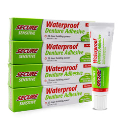 Hero image: Secure denture adhesive 1.4 oz tubes, pack of four, showing 12-hour waterproof hold
