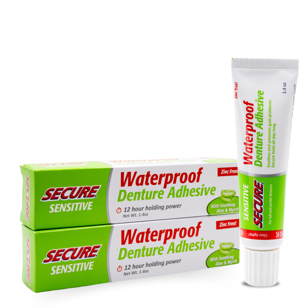 Front view of Secure denture adhesive tube with aloe vera and myrrh