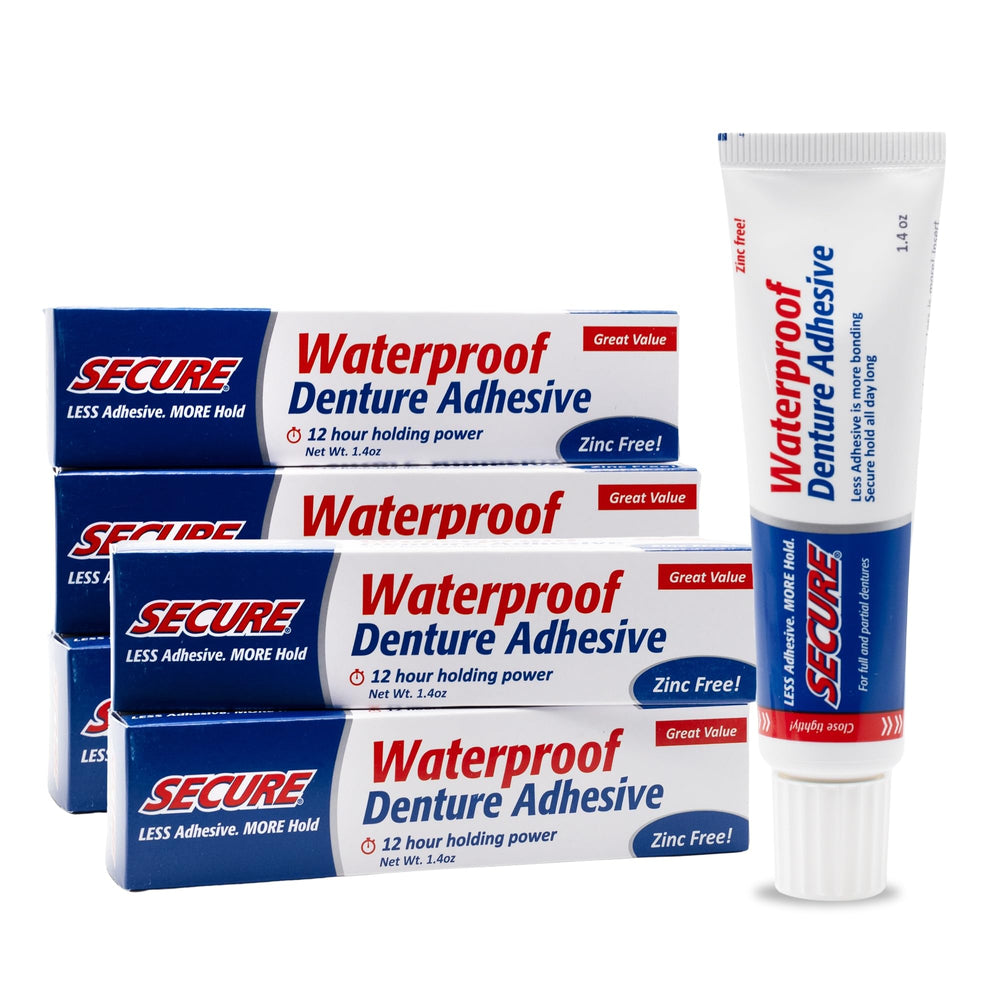 Packaging for Secure Waterproof Denture Adhesive 1.4 oz tubes in a pack of 5
