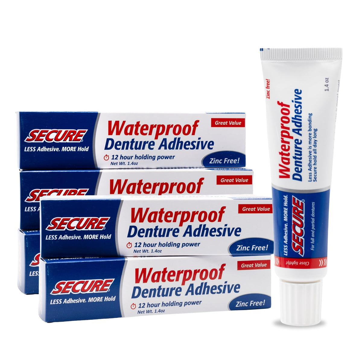 Packaging for Secure Waterproof Denture Adhesive 1.4 oz tubes in a pack of 5