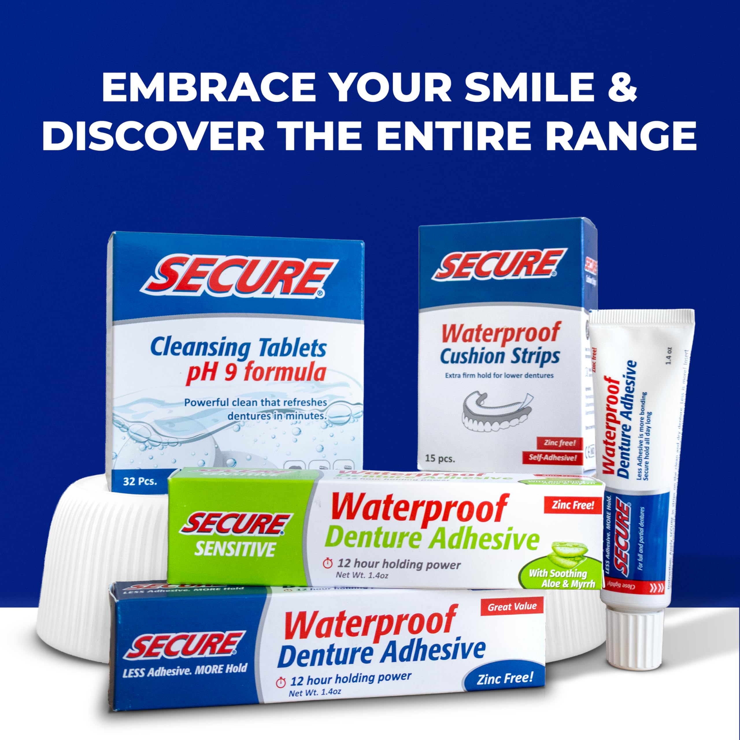 Display of Secure denture adhesive four-pack in packaging