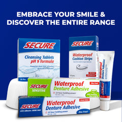 Display of Secure denture adhesive four-pack in packaging
