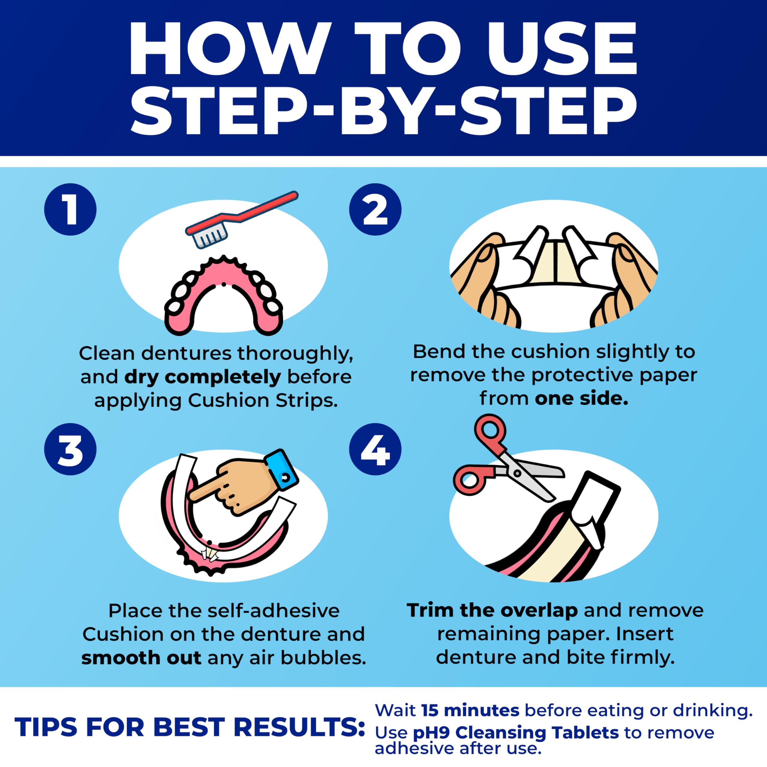 Waterproof denture adhesive strips resisting moisture