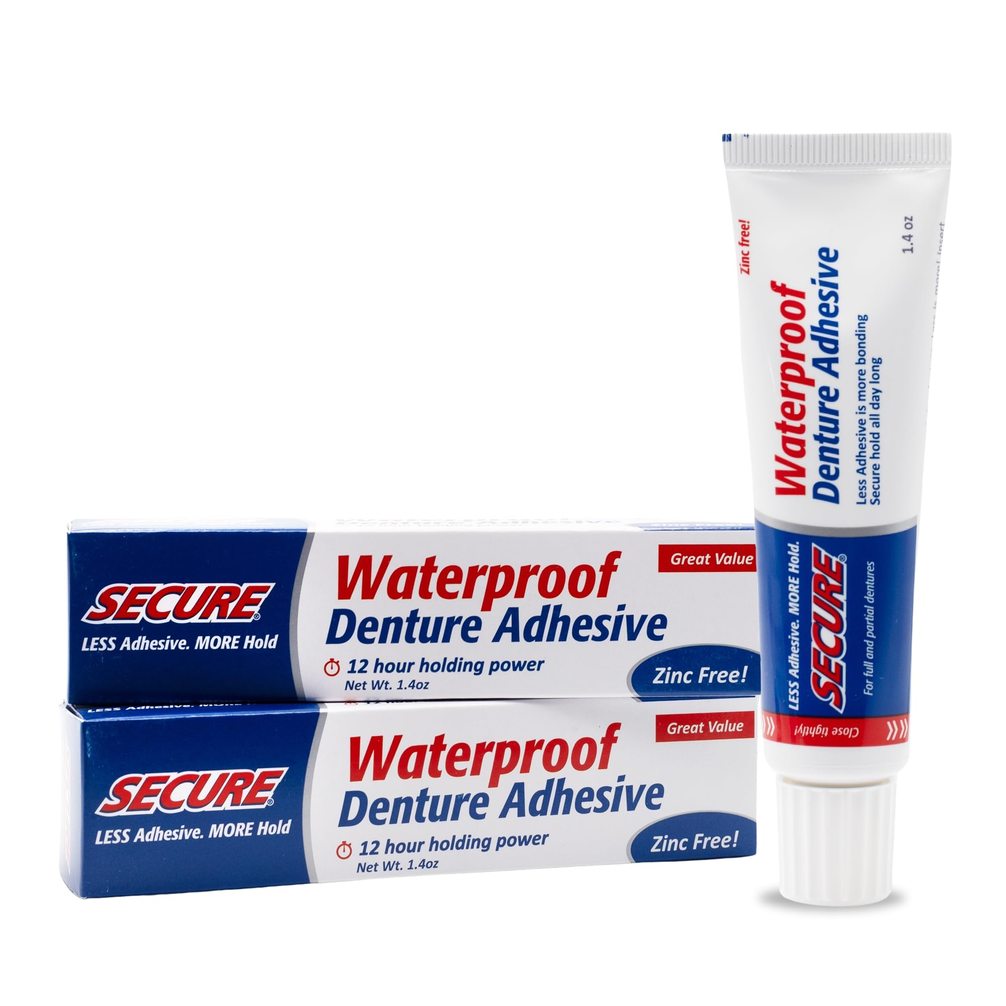 Secure Waterproof Denture Adhesive packaging - 1.4 oz each, pack of 2