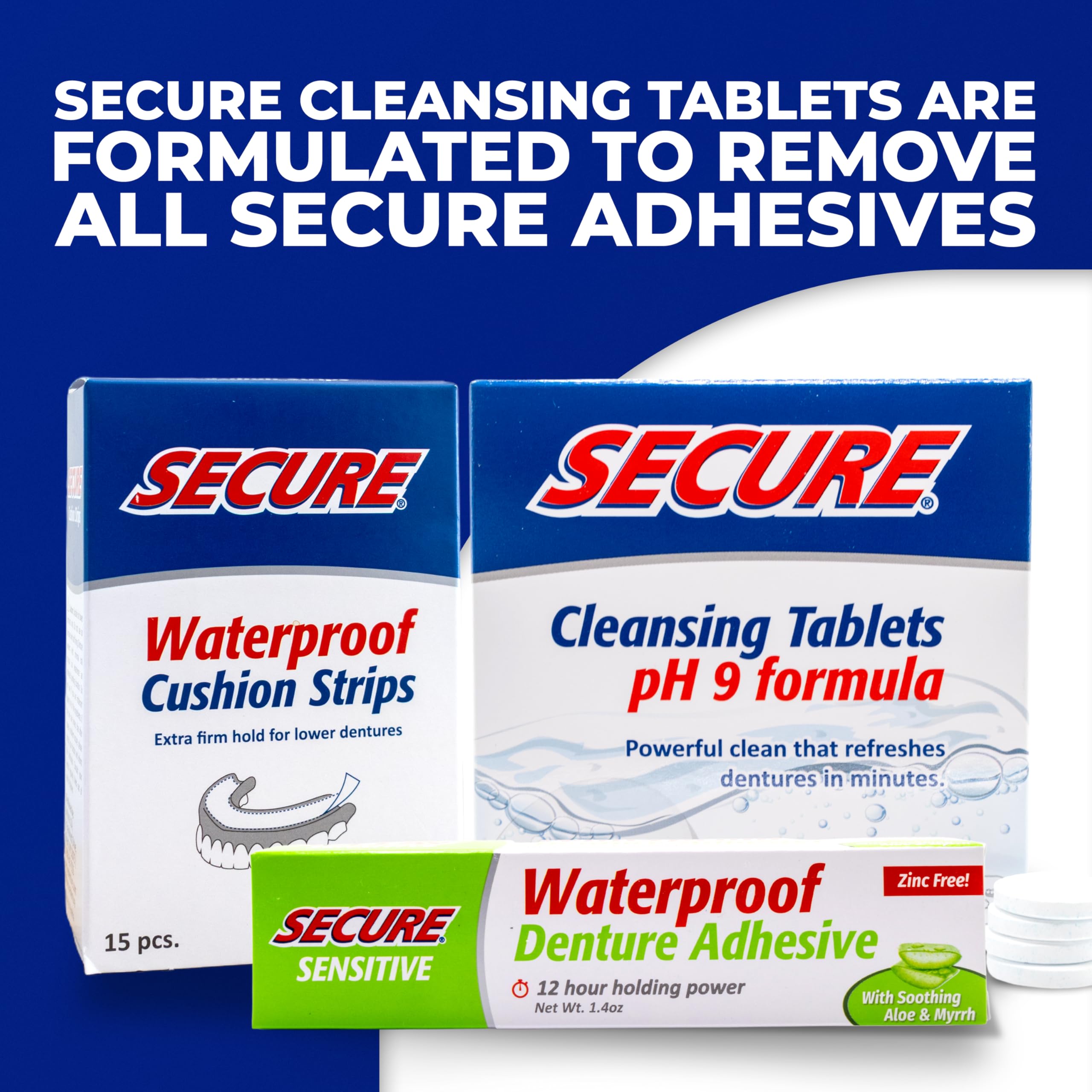 Close-up of dentures securely bonded with waterproof adhesive