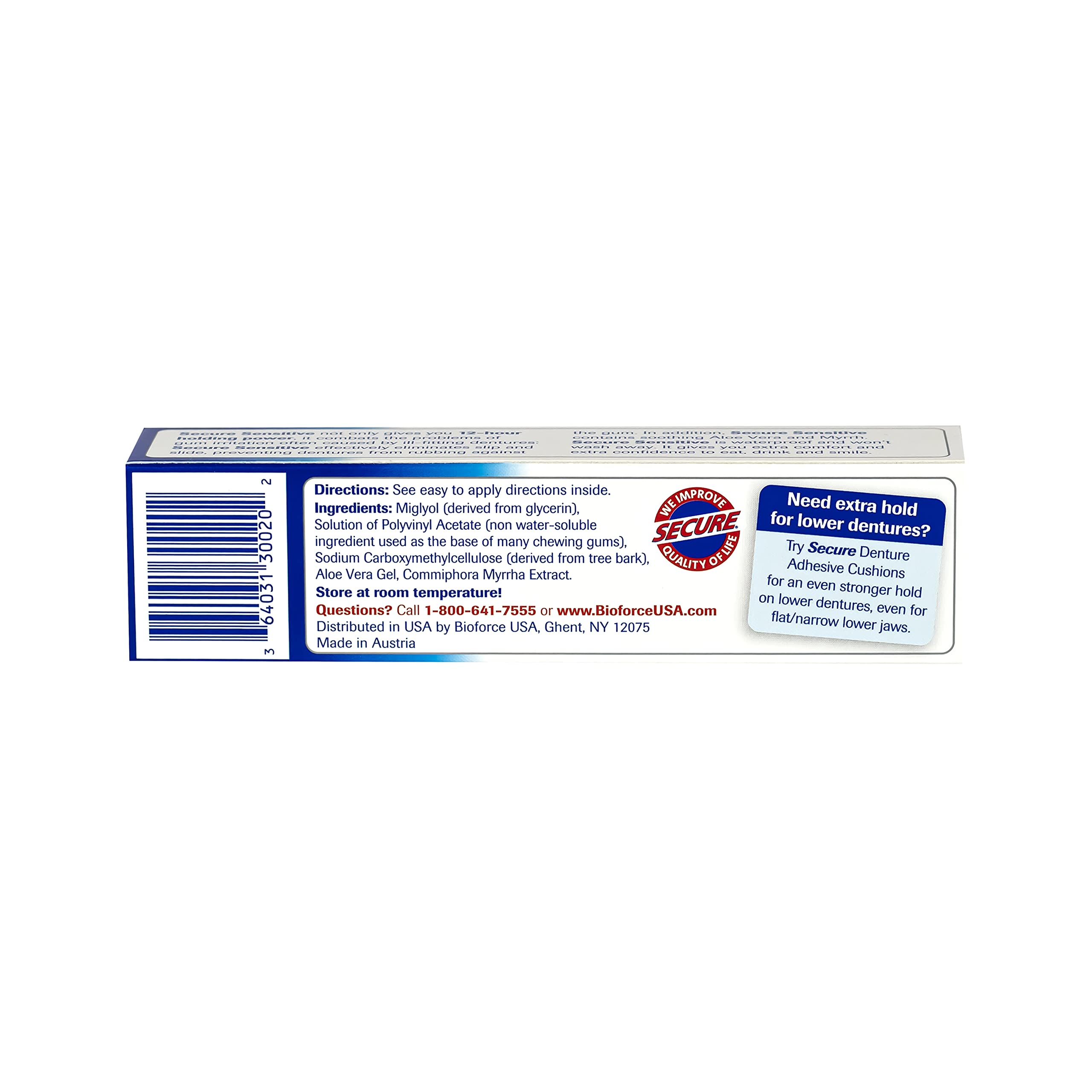 Close-up of Secure Sensitive Denture Adhesive cream tube for sensitive gums