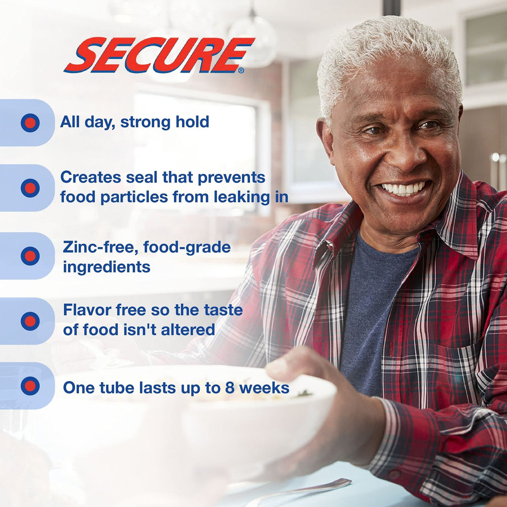 Secure denture bonding cream packaging and tubes (1.4 oz, pack of 2)