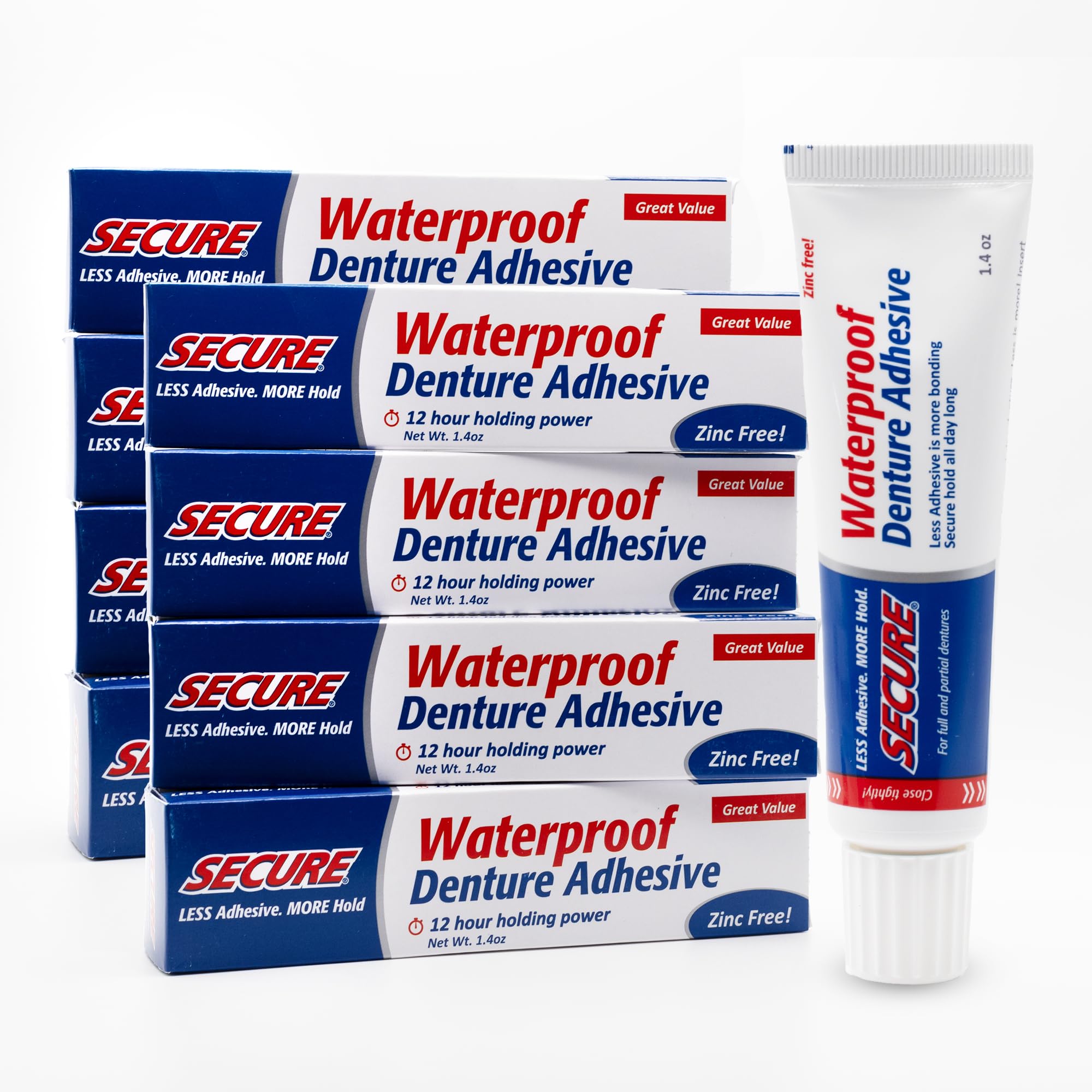 Secure Waterproof Denture Adhesive zinc-free 1.4 oz tube in pack of 8