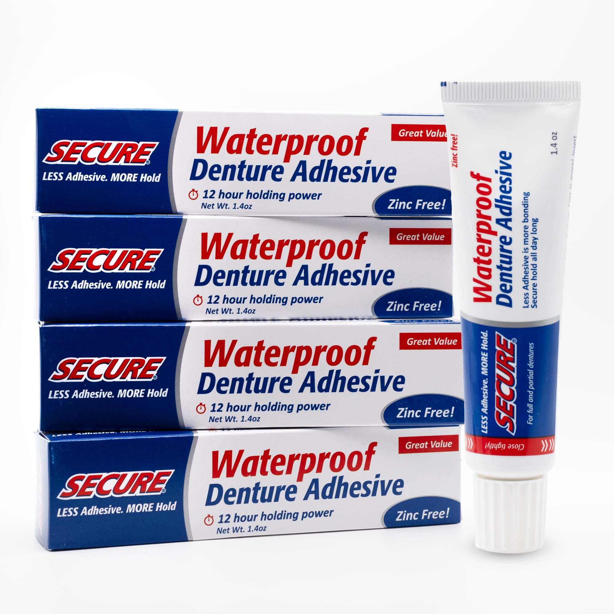 Front view of Secure Waterproof Denture Adhesive 4-pack box (1.4 oz tubes)